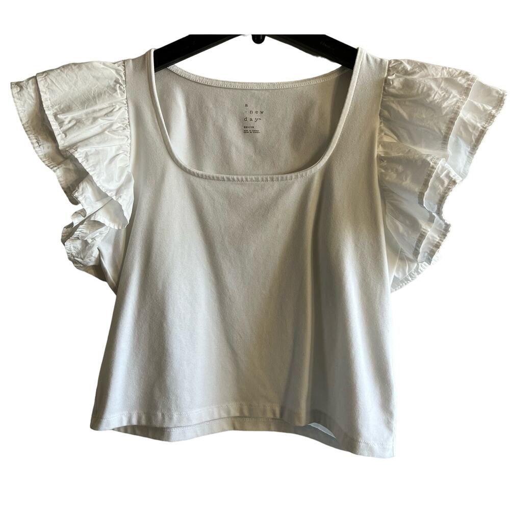A New Day White Square Neck Ruffled Cap Sleeve Top Size M